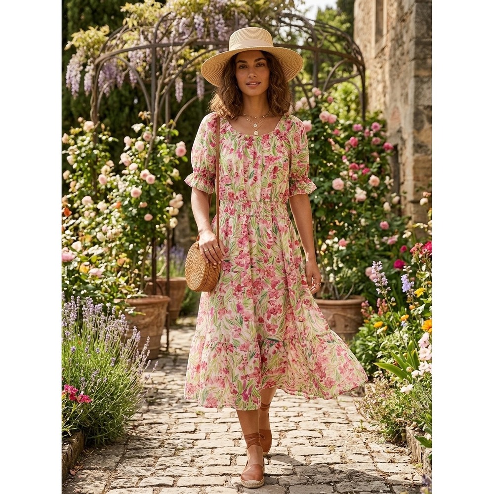 Chenault Womens Pink Green Floral Smocked Waist Tiered Midi Dress M